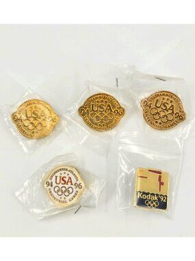 5 Olympic Lapel Pins Vintage 3 USA 1994-1996 Gold 1 USA 94-96 White 1 Kodak 1992